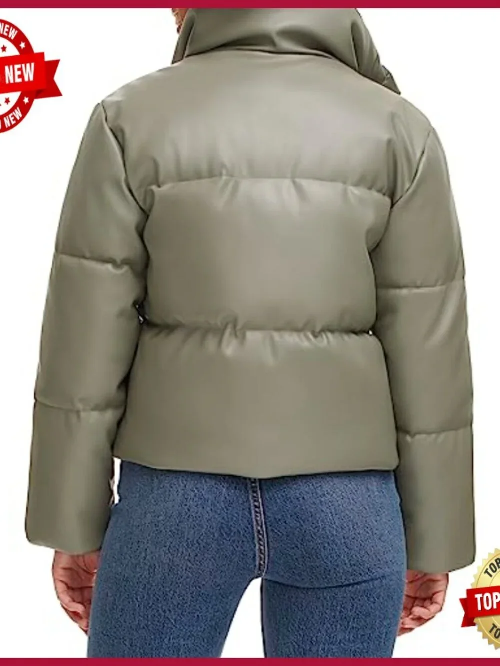 Women's Vegan Leather Quilted Puffer Jacket Water Resistant Cropped